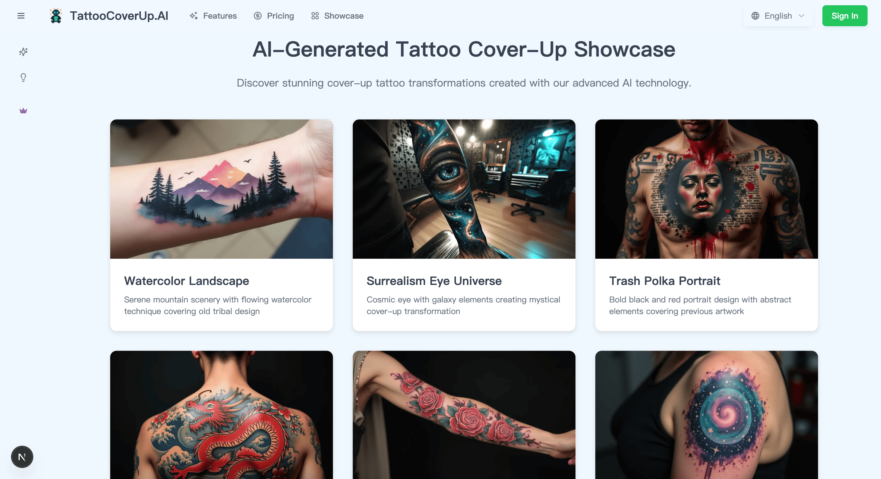 Screenshot of TattooCoverUp.AI - Revolutionary AI tattoo cover-up generator Screenshot of TattooCoverUp.AI - Revolutionary AI tattoo cover-up generator